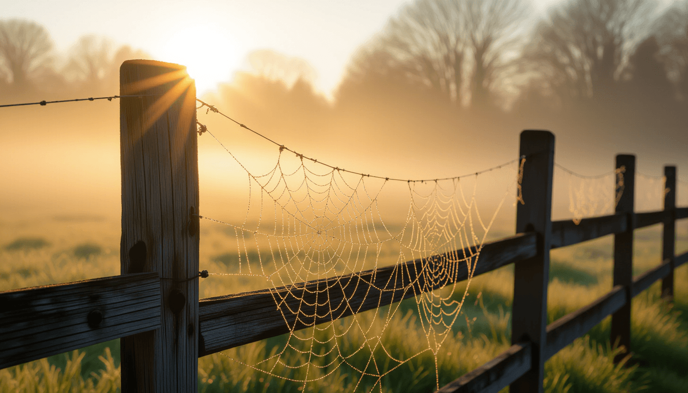 Golden hour sunlight pierces through morning fog, striking dew-laden spiderwebs on a weathered woode