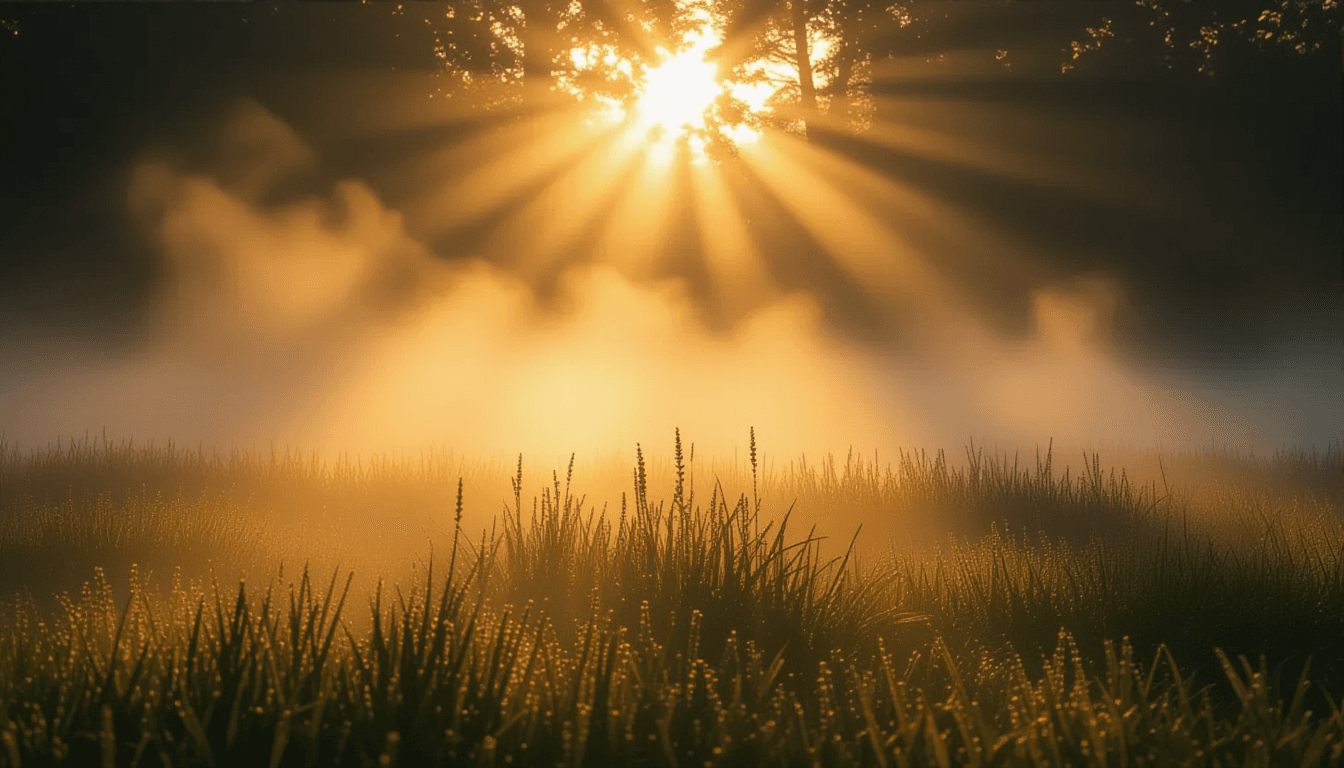 Golden hour beams pierce through dense morning fog, illuminating dust motes dancing in shafts of war