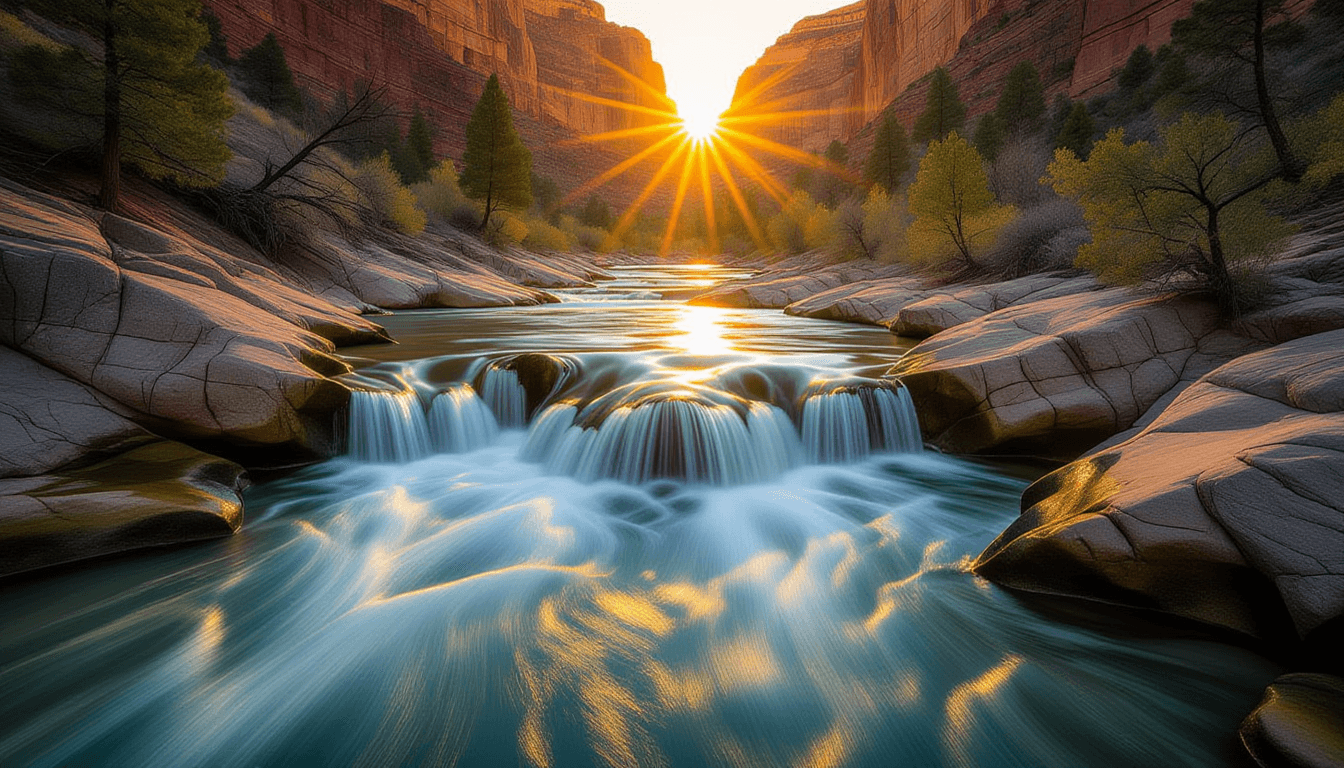 Long exposure blurs a rushing river through a sun-drenched canyon, capturing the relentless, measura