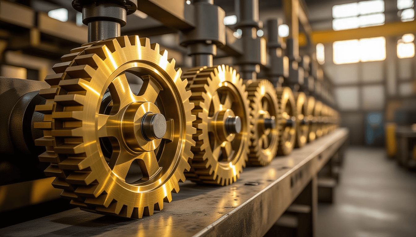 Golden hour light glints off brass interlocking gears within an industrial workshop, shallow depth o