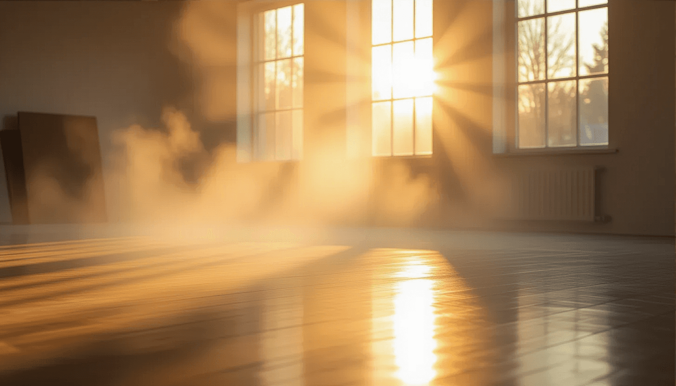 Golden hour light pierces through dense morning fog, illuminating dust motes dancing in the air abov