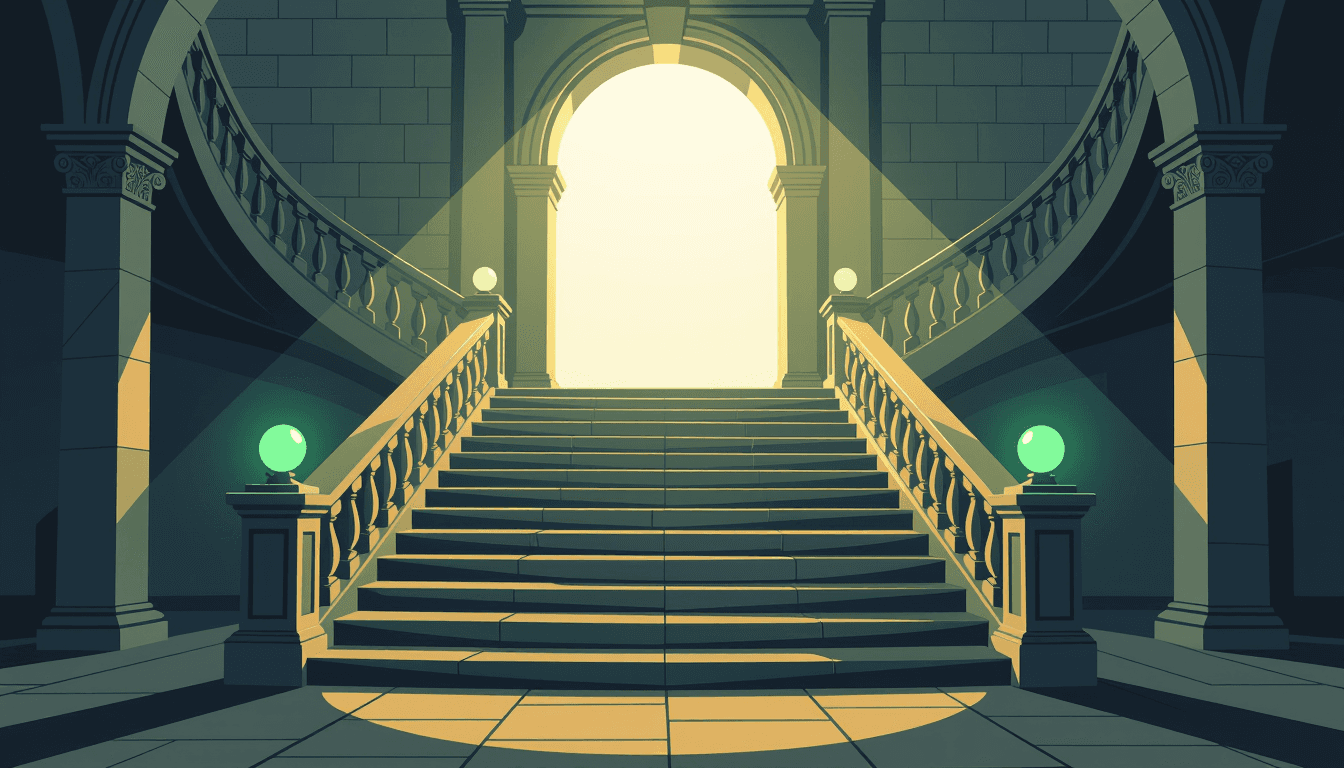 A grand stone staircase ascends toward a glowing archway, each step representing a strategic phase