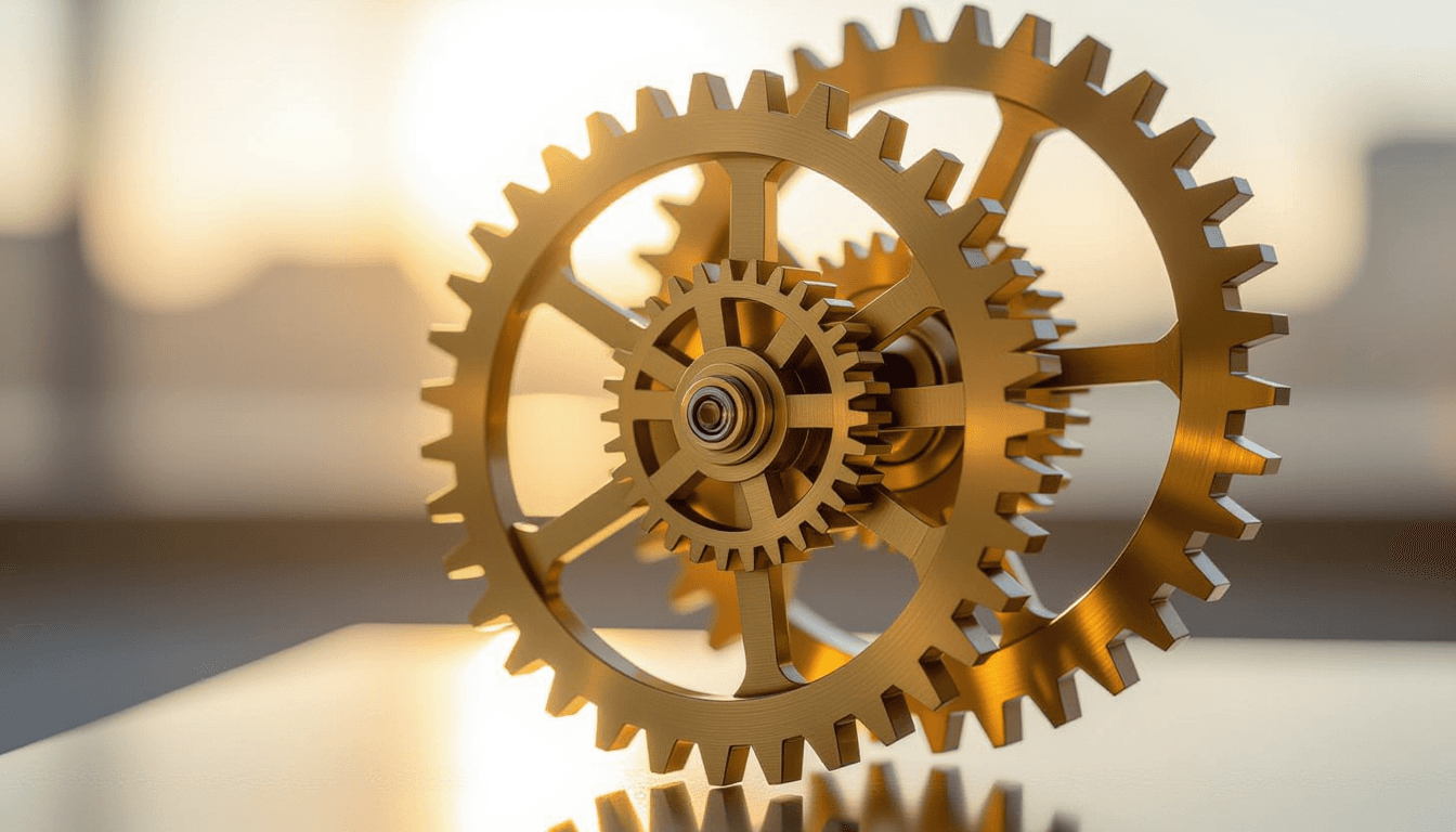 Overcast diffused light glints off interlocking brass gears in a kinetic sculpture, capturing the pr