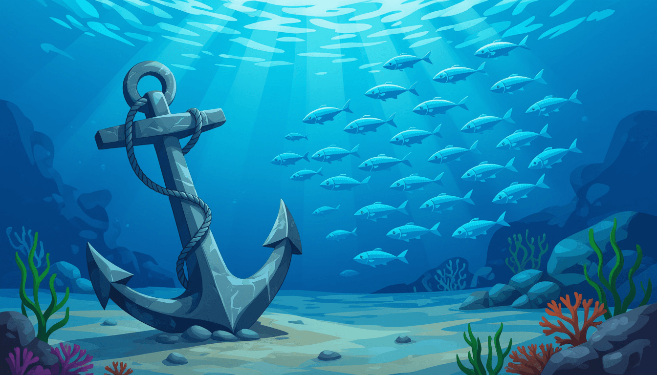 A heavy stone anchor representing fixed costs rests firmly on the seabed, while a school of silver f