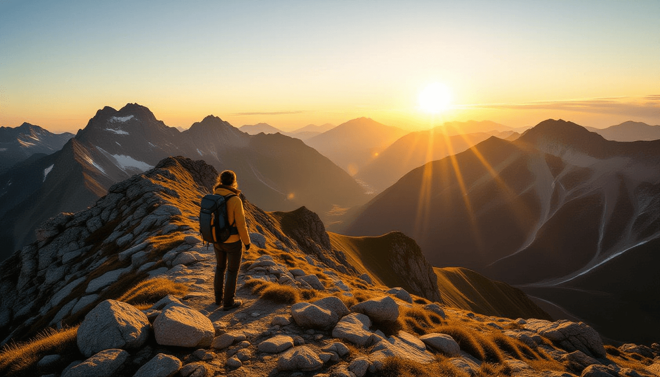 A lone hiker pauses on a rugged alpine ridge, gazing at a distant sunlit valley below. Golden hour l