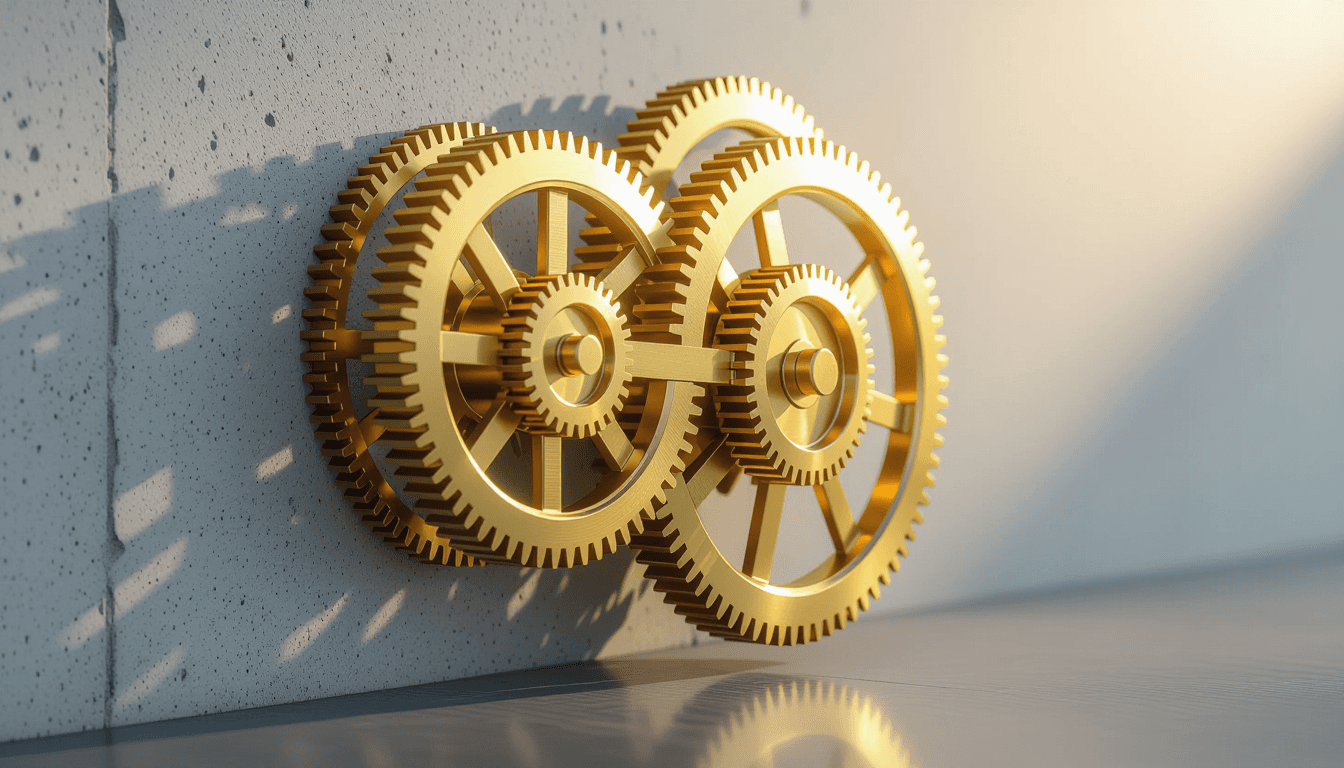 Golden hour light glints off interlocking brass gears in a kinetic sculpture, their rhythmic motion