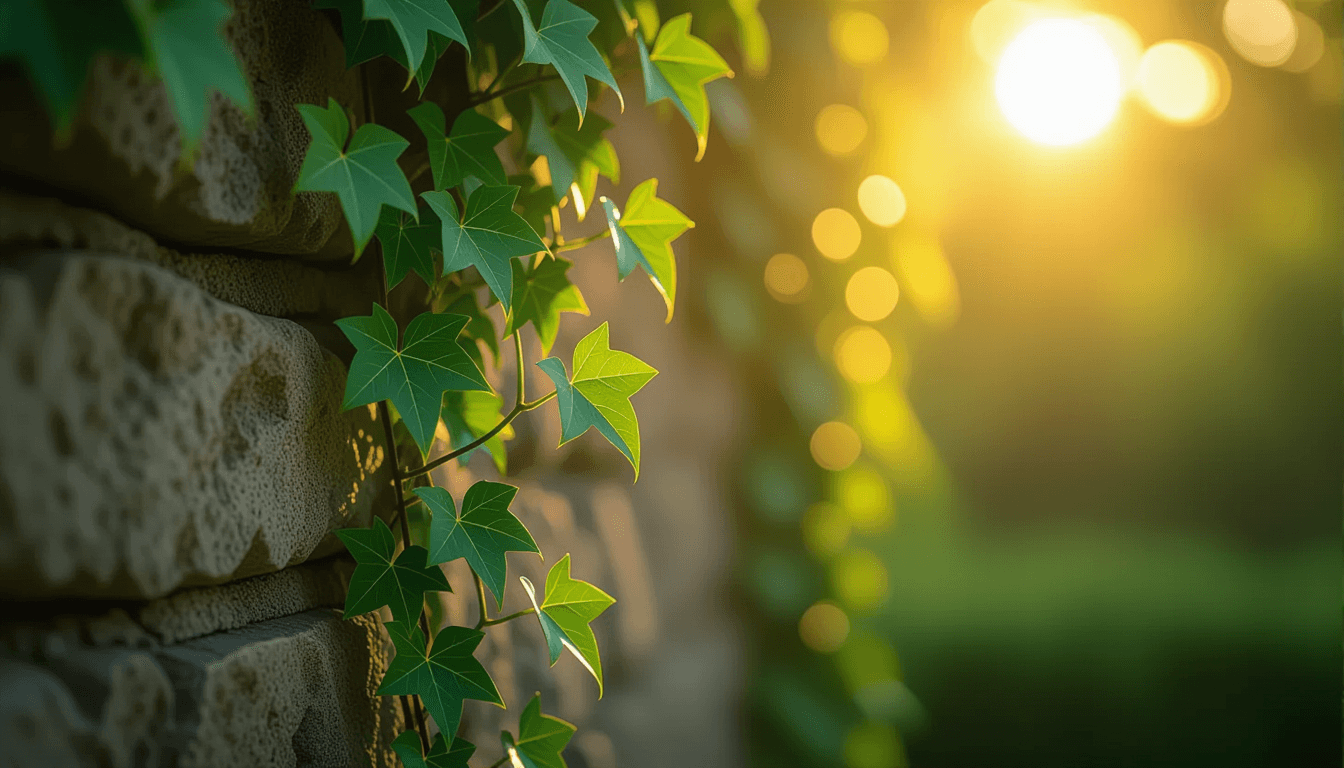 Sunlight filters through a dense tree canopy, illuminating vibrant green ivy vines climbing a weathe