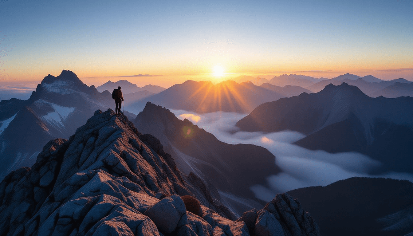 A lone climber ascends a jagged alpine ridge as dawn breaks, sending sharp crepuscular beams through
