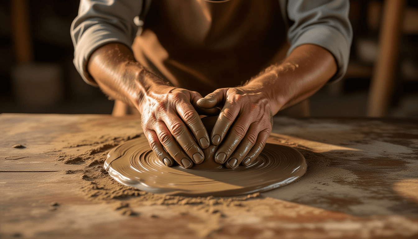 Golden hour light glances off weathered hands kneading dark, wet clay on a rustic wooden table, shal