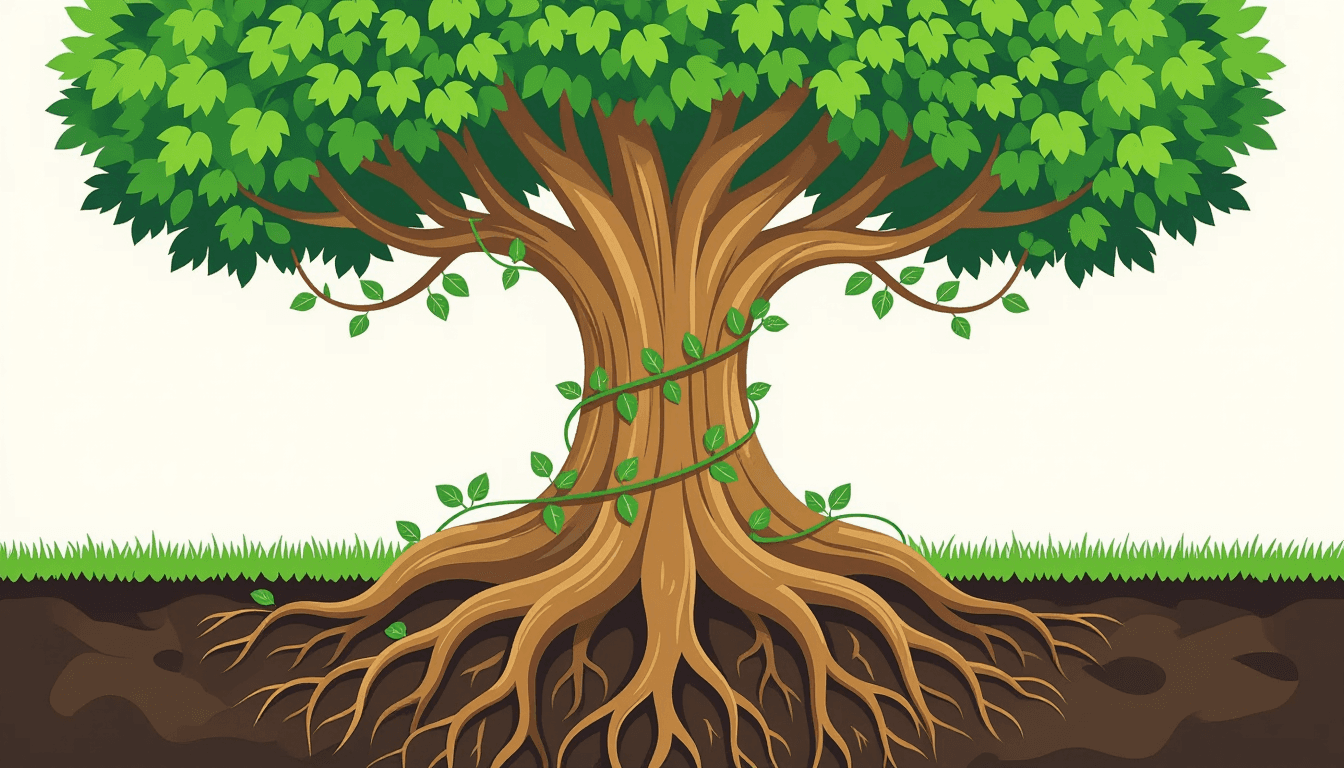 A sturdy oak root system anchors the foundation, while delicate, emerald-accented vines spiral upwar