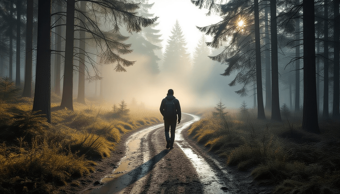 A lone figure walks a muddy, winding forest trail through morning mist, shallow depth of field blurr