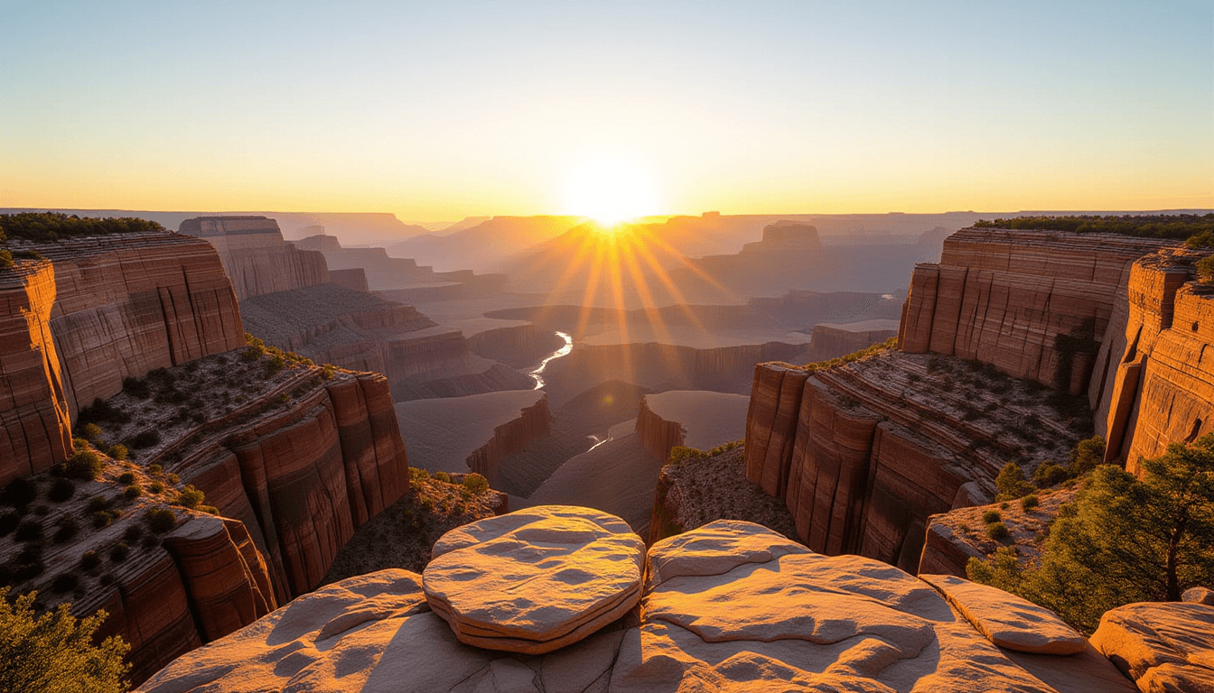 Golden hour light slants across a rugged canyon rim, highlighting a narrow, accessible ledge that of