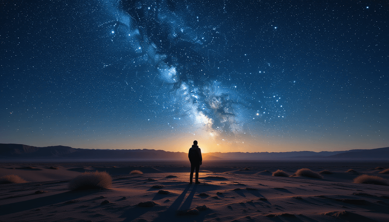 A solitary figure stands on a desolate desert plateau at twilight, dwarfed by the Milky Way’s dense