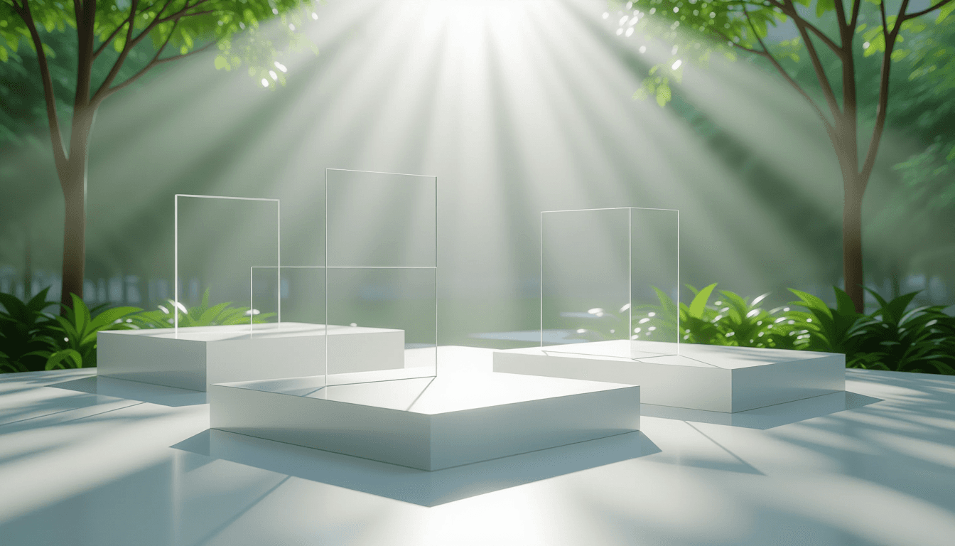 Sunlight filters through layered translucent acrylic planes in a minimalist gallery, casting geometr