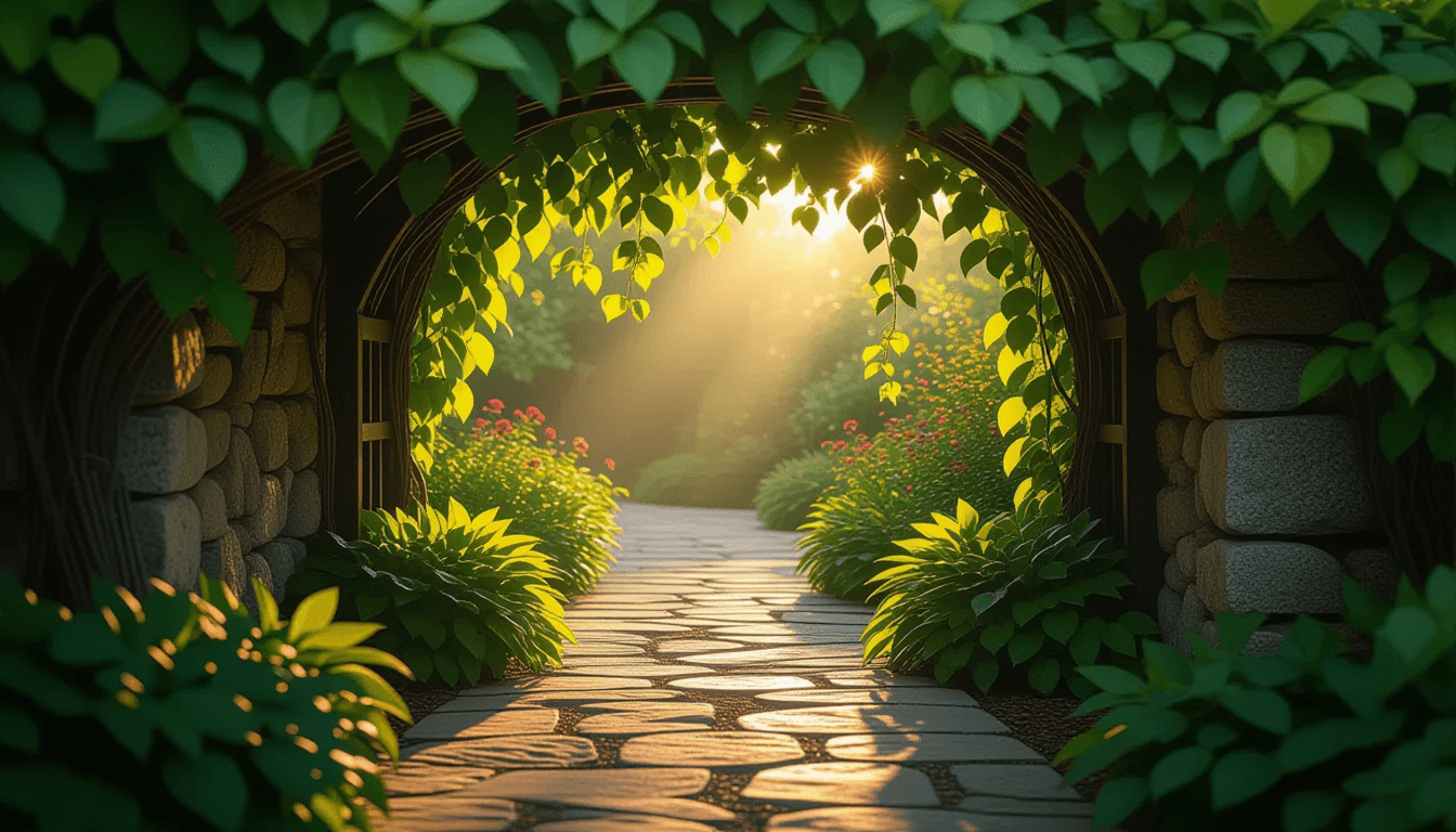 Golden hour light filters through a dense, sprawling vine canopy, casting dappled shadows on a garde