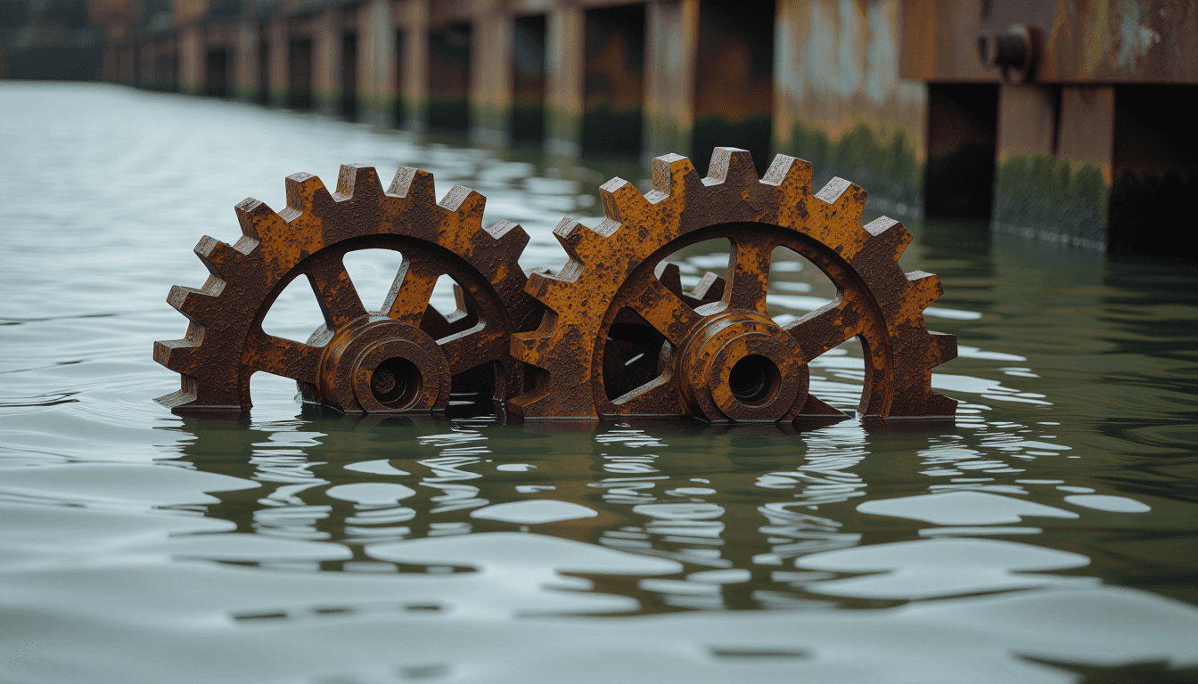 A macro shot of rusted industrial gears half-submerged in murky water, capturing the slow, viscous d