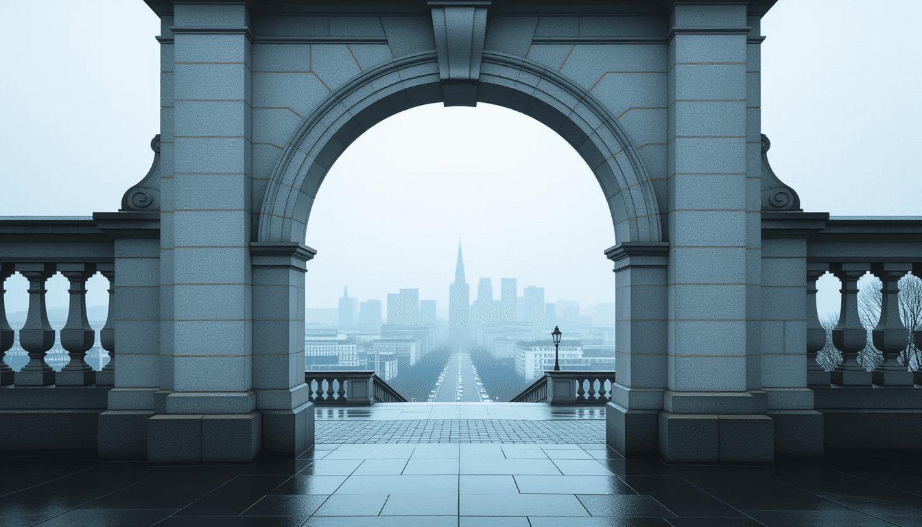 A symmetrical stone archway bathed in soft overcast light, framing a distant, blurred cityscape to e