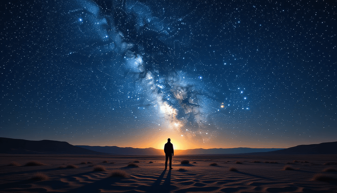 A lone silhouette stands on a barren desert plain, dwarfed by the infinite expanse of the night sky