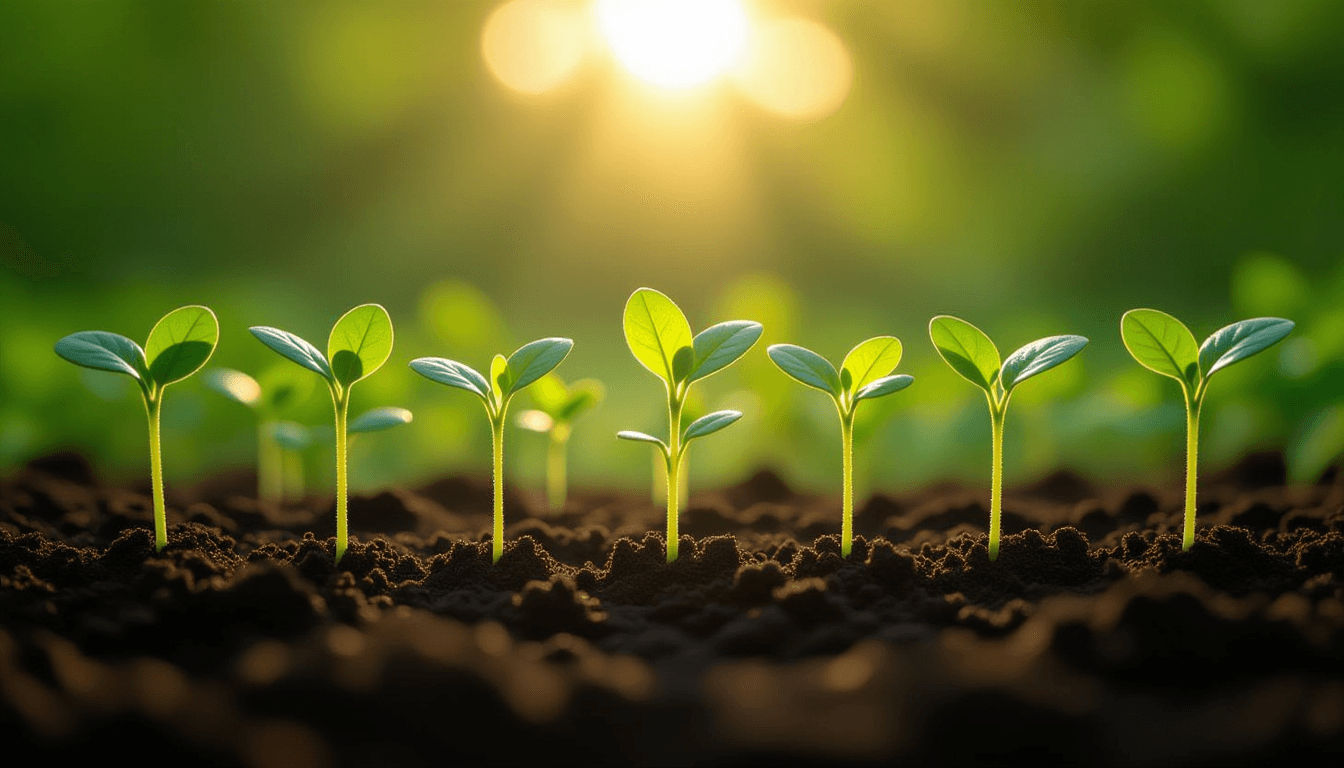 Golden hour light filters through a dense, leafy garden canopy, illuminating vibrant green seedlings