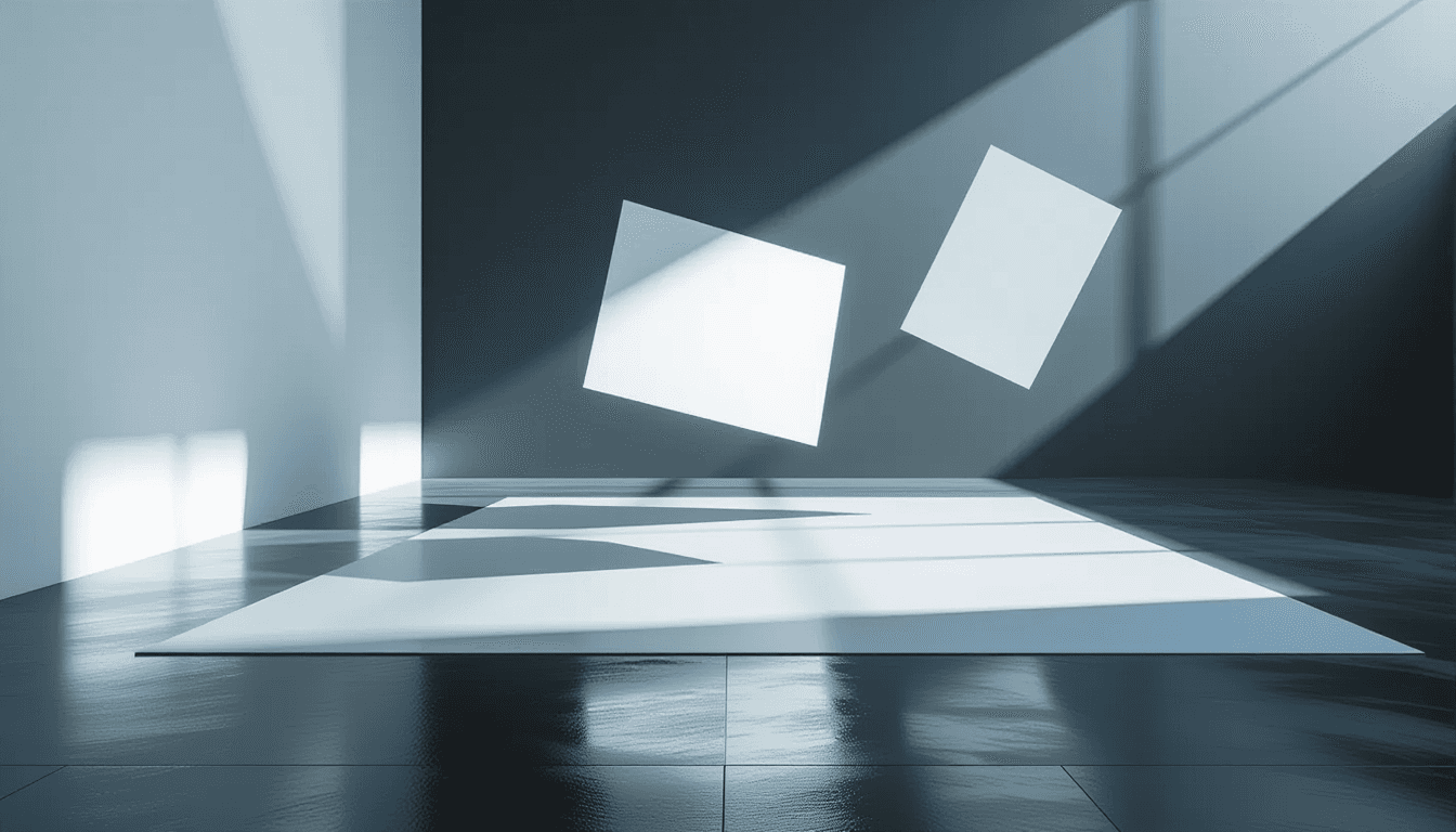 Translucent white planes float in mid-air, casting sharp shadows on a matte black floor under stark