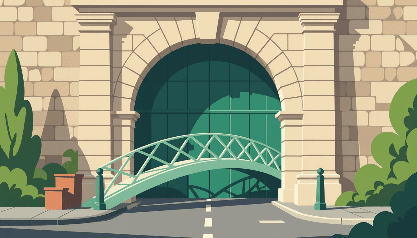A grand stone archway frames a narrow, cluttered passage, while a sleek, geometric bridge elegantly