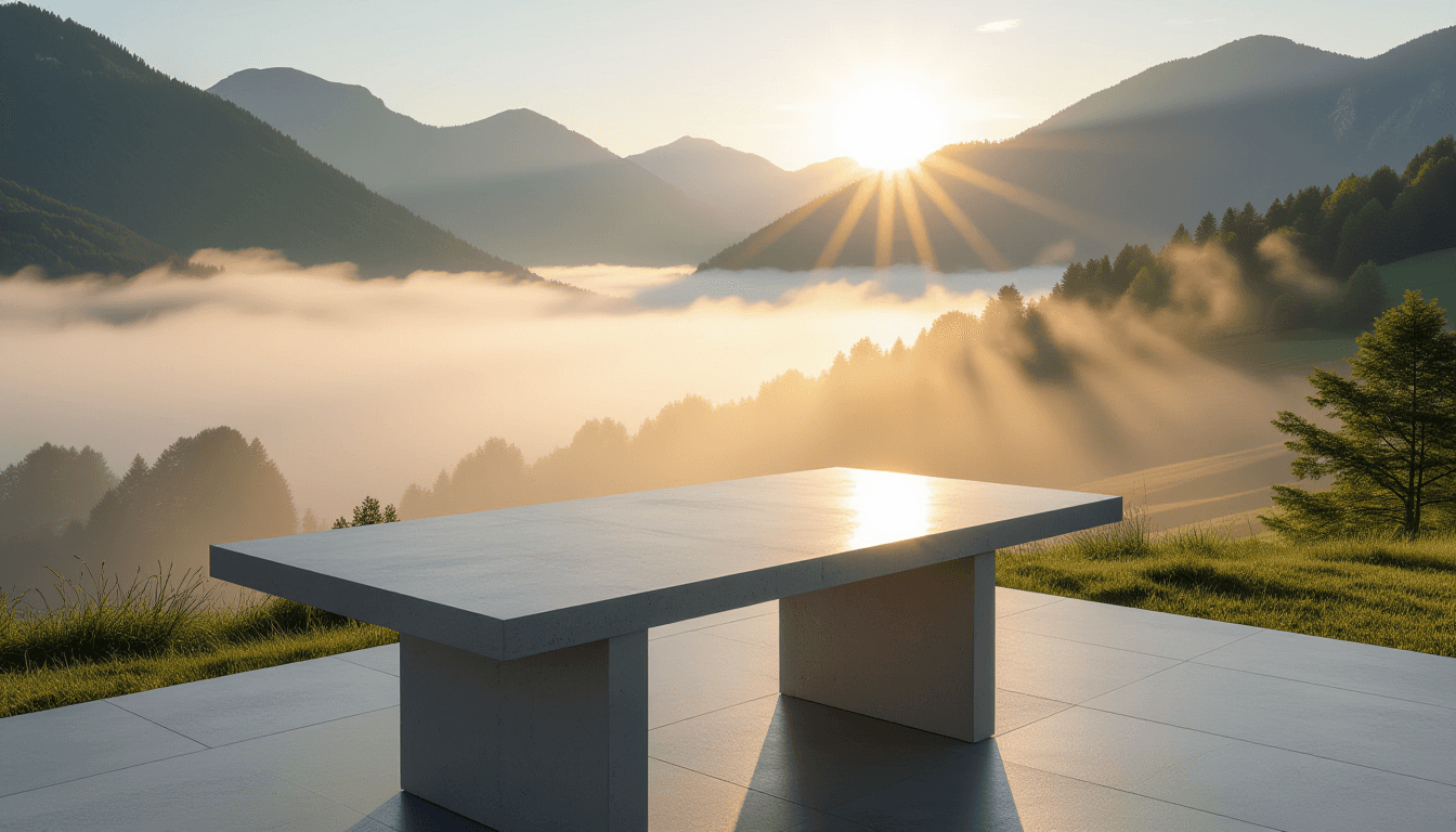 Dawn breaks over a misty valley, sharp sunbeams piercing the fog to illuminate a clean, minimalist c