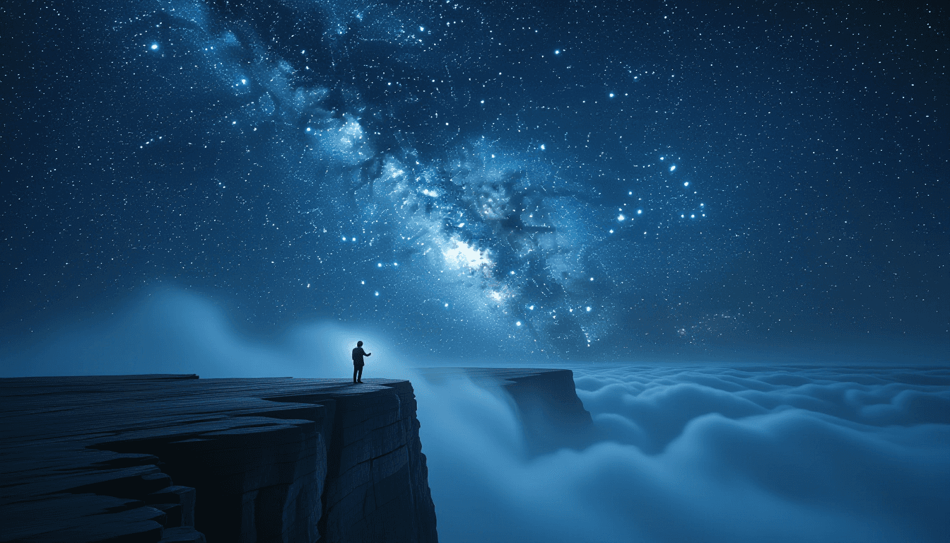 A tiny auditor stands frozen on a windswept cliff edge, dwarfed by the crushing weight of a stormy n