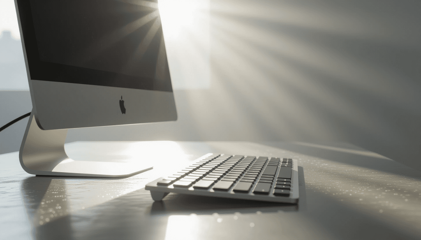 Sunlight pierces through morning fog on a concrete desk, illuminating dust motes dancing in sharp, v