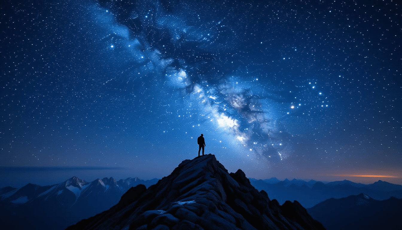 A lone climber stands silhouetted on a jagged ridge under a star-dense night sky, the Milky Way arch