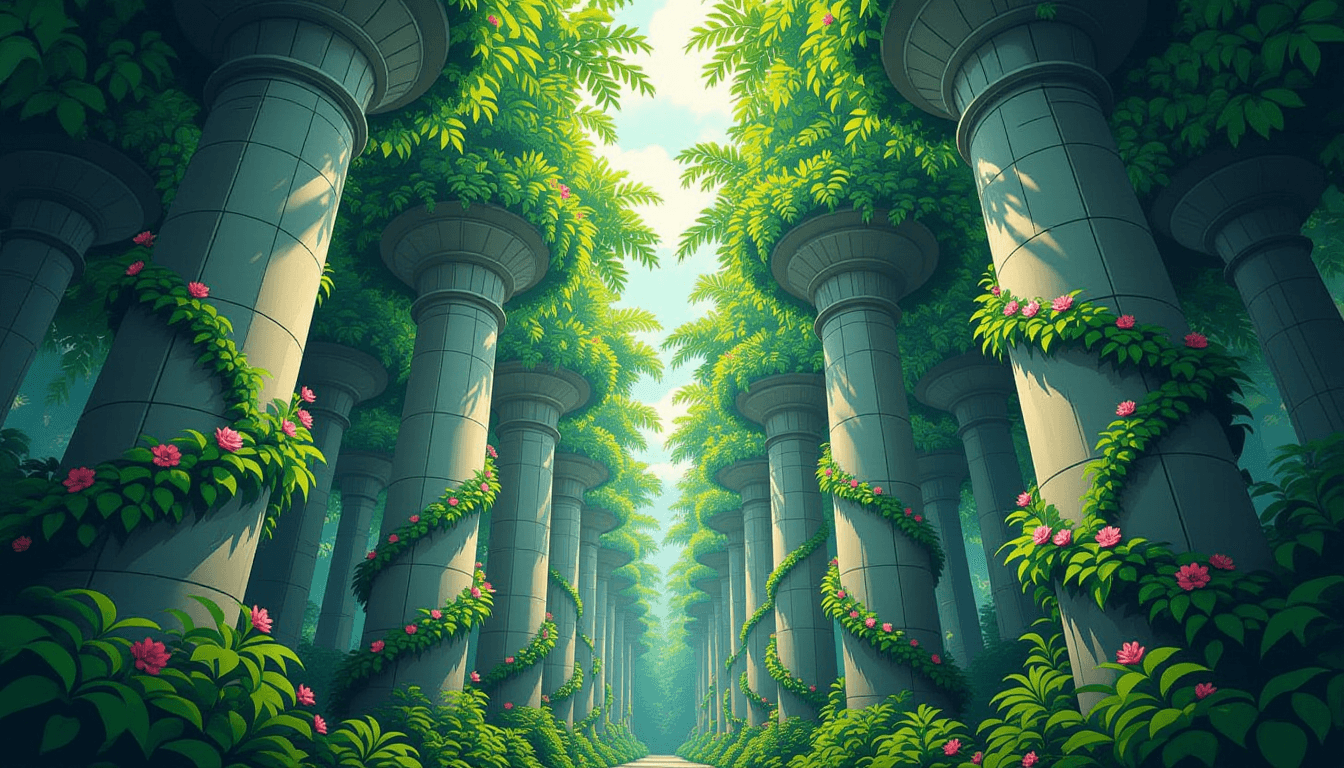 Towering concrete pillars support lush, emerald-veined vines that spiral upward into a dense canopy