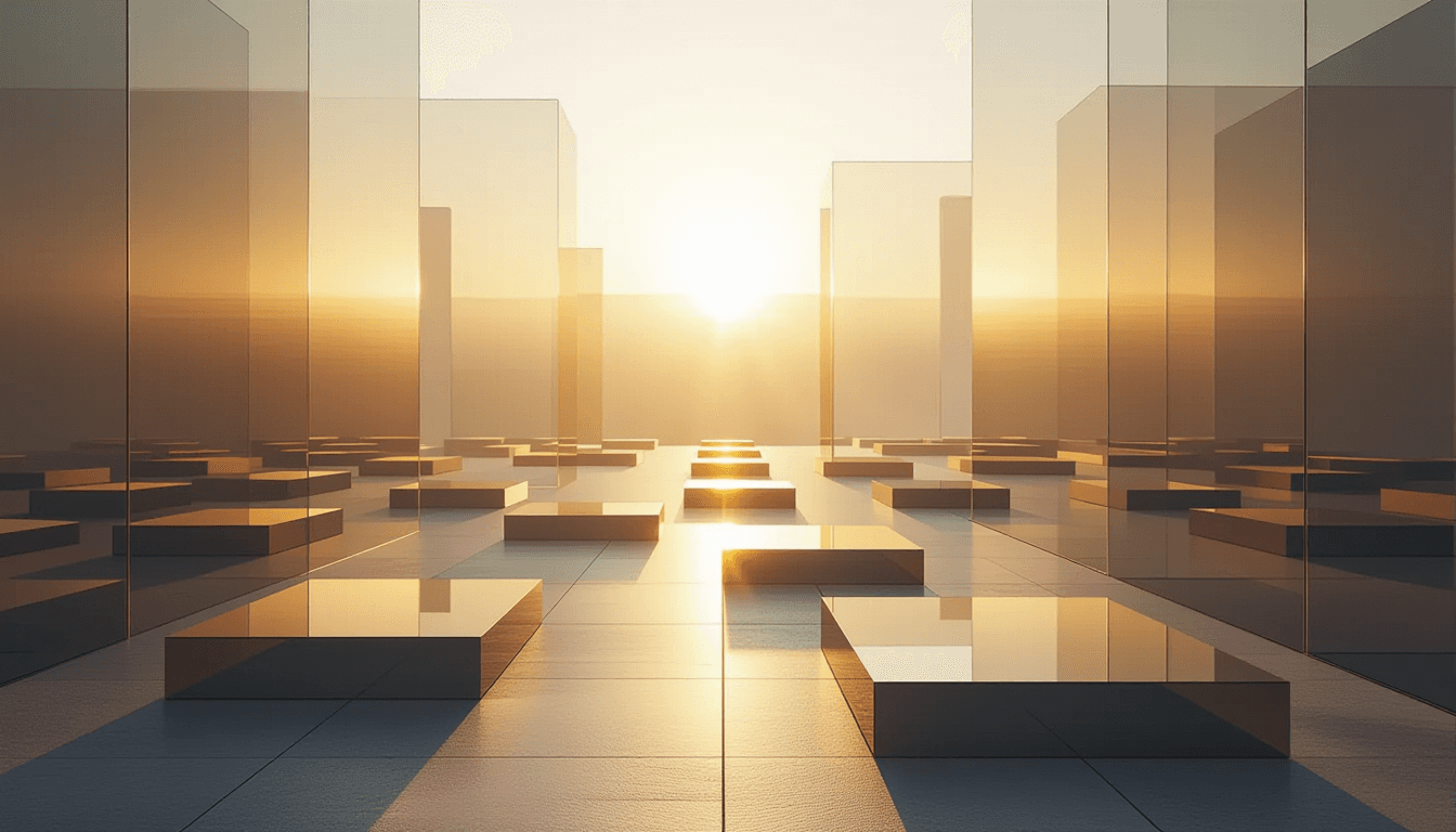 Golden hour light pierces through layered translucent acrylic planes, casting sharp geometric shadow
