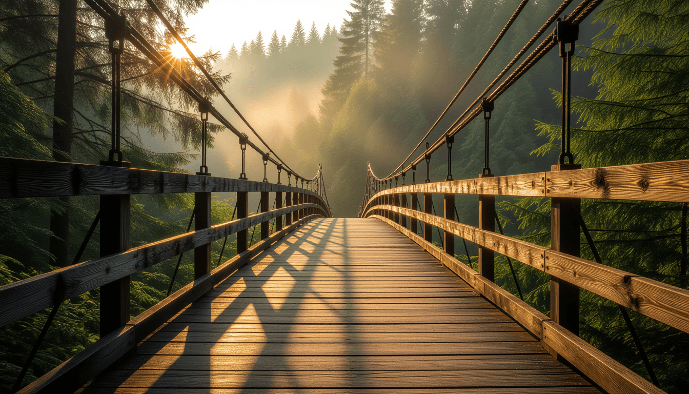 Golden hour light spills over a weathered wooden footbridge spanning a misty gorge, highlighting the