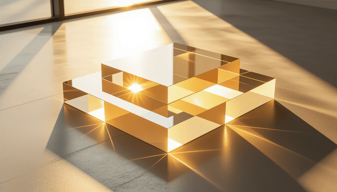 Golden hour light pierces layered translucent acrylic platforms, casting sharp, tessellated shadows