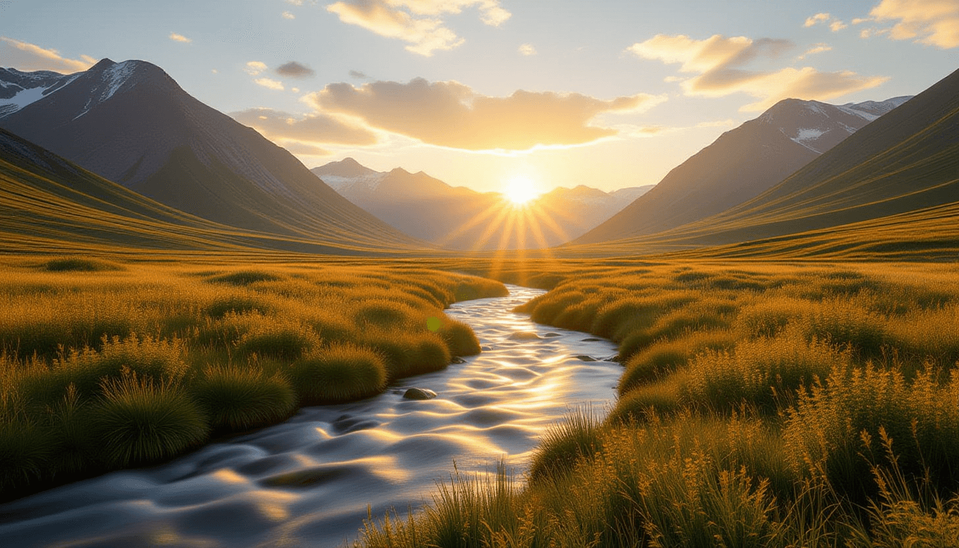 Golden hour light washes over a vast mountain valley, where long-exposure streams blur into silky ri