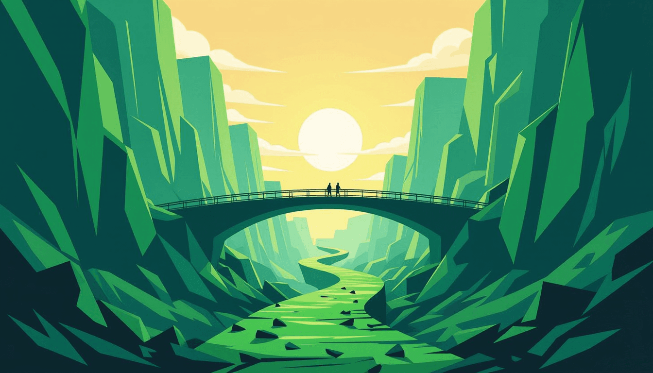 A pristine emerald path winds through towering geometric canyon walls, crossing a seamless bridge to