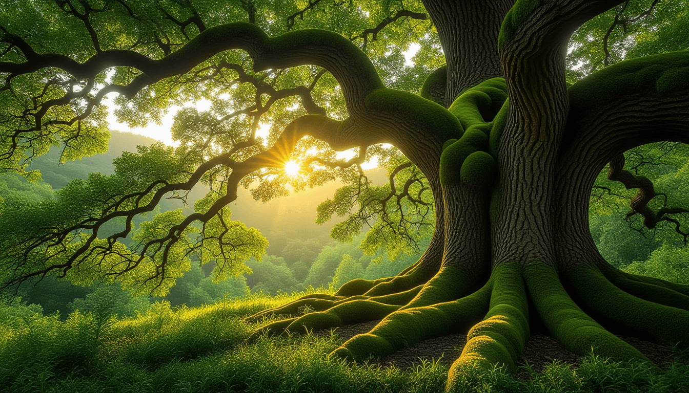 Golden hour light filters through a dense, ancient oak canopy, illuminating vibrant green moss climb