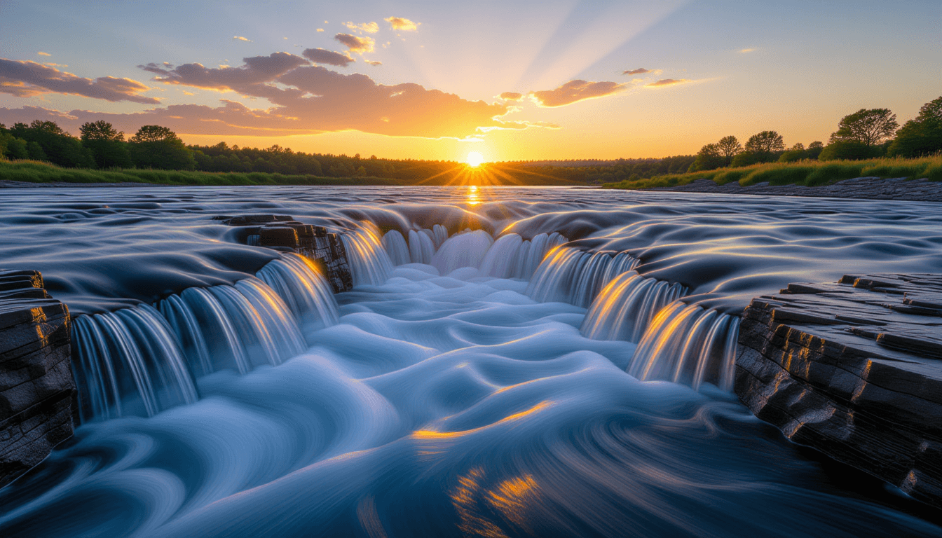 Sunset light glints off a powerful river current carving through smooth stone, captured in a long ex