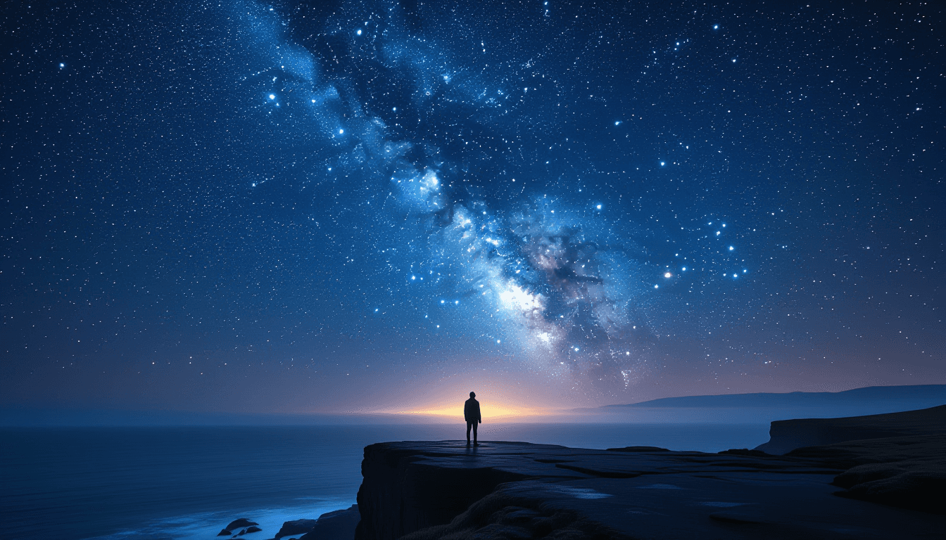 A lone figure stands on a windswept basalt cliff at twilight, silhouetted against a vast, star-strew