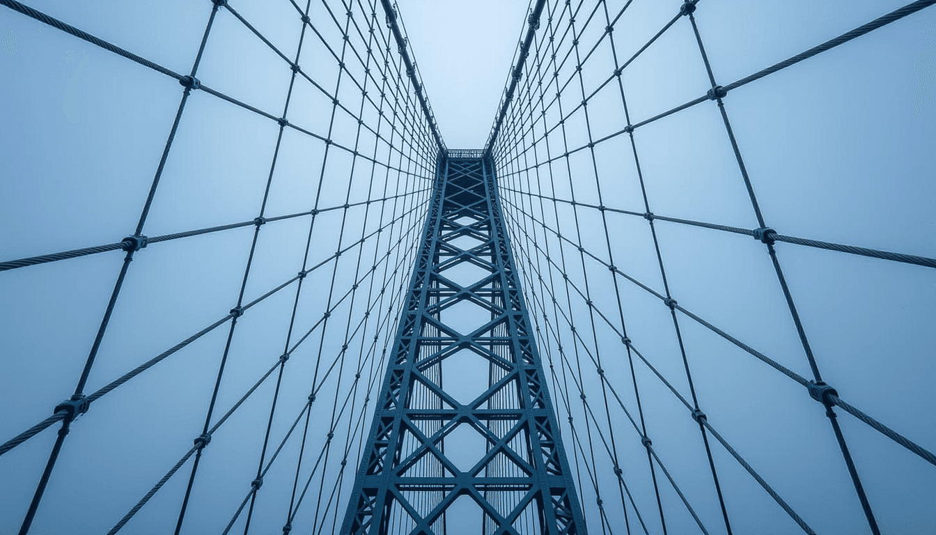 A low-angle shot captures the intricate lattice of a steel suspension bridge, its cables creating a