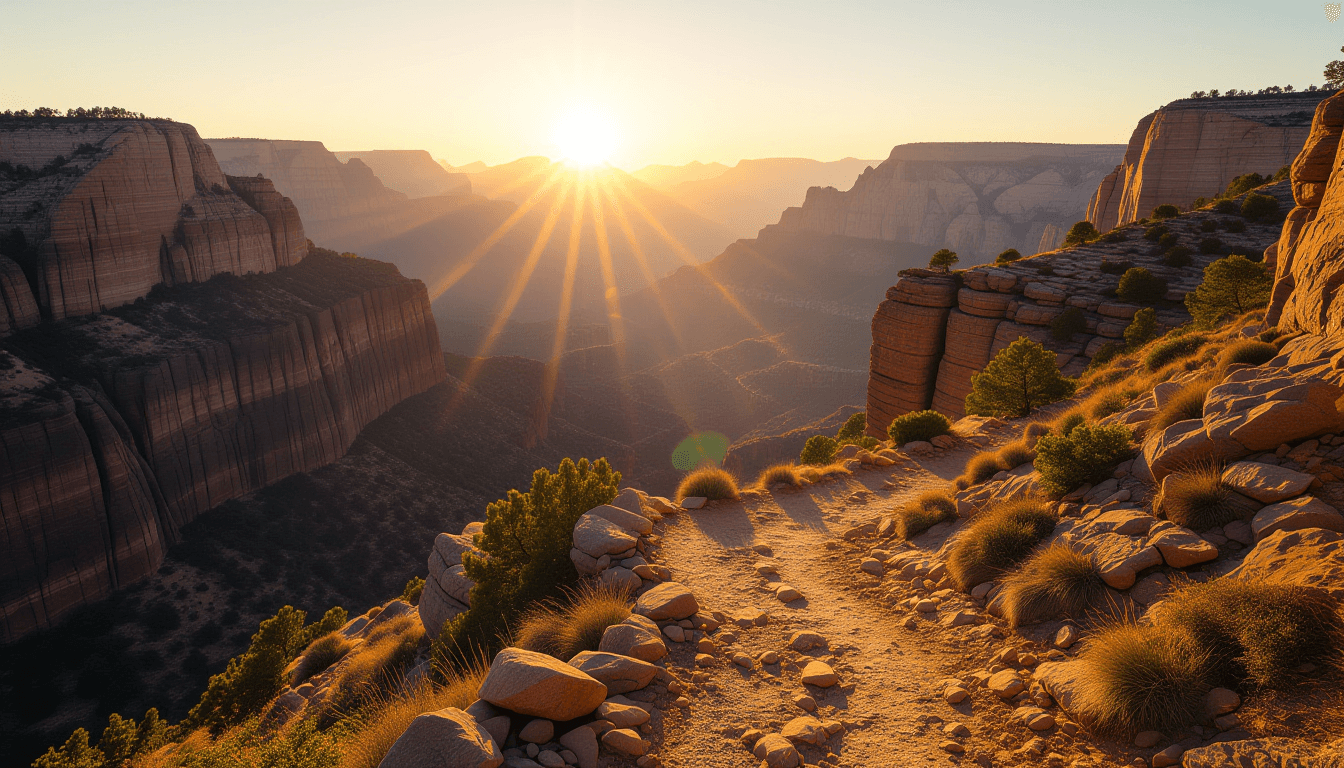 Golden hour light spills over a rugged mountain pass, illuminating a winding dirt trail that curves