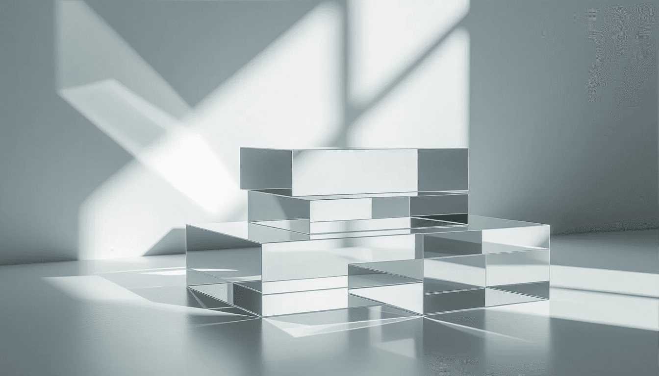 Overcast diffused light falls on stacked translucent acrylic planes, revealing sharp geometric shado