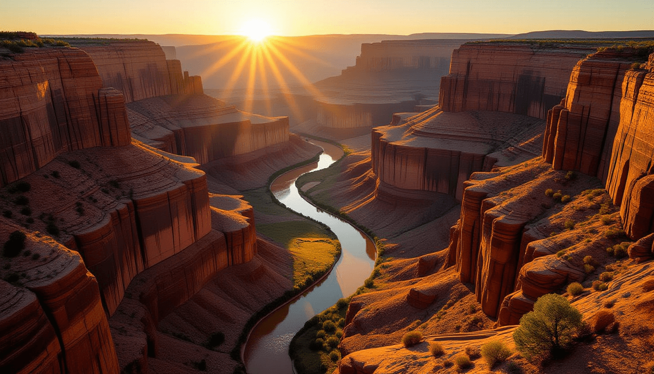 Golden hour light spills over rugged canyon walls, casting long shadows that guide the eye toward a