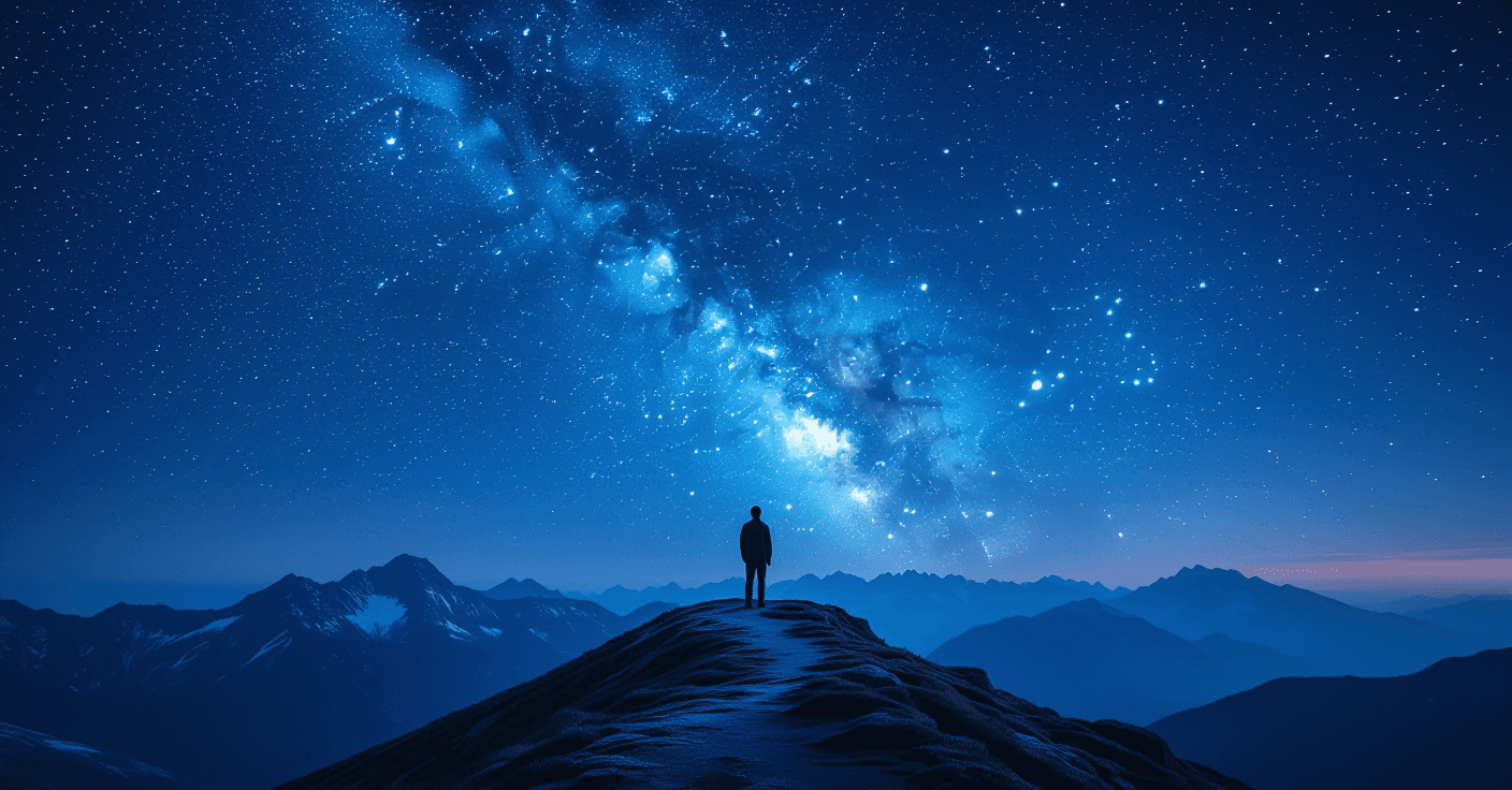 A solitary figure stands on a windswept alpine ridge, dwarfed by a star-filled cosmic expanse, captu