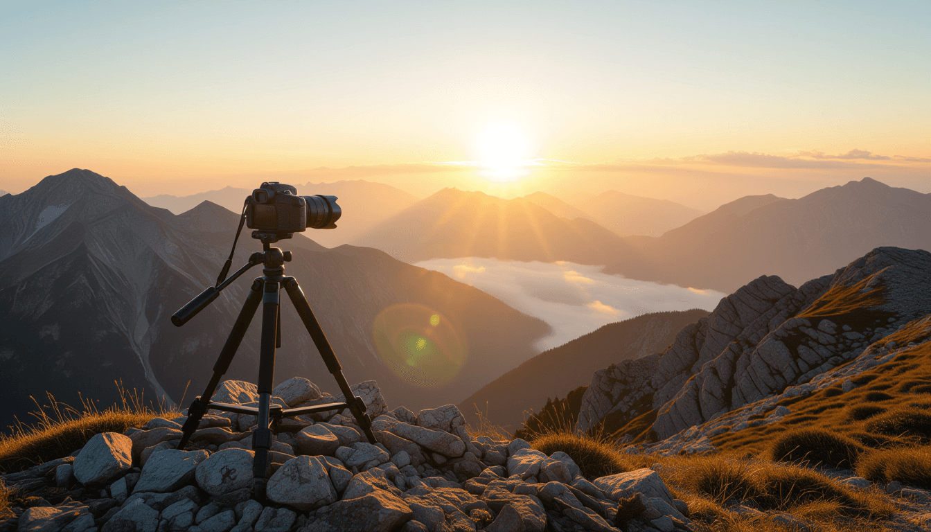 A lone camera tripod stands on a jagged mountain ridge, capturing the vast, misty valley below under