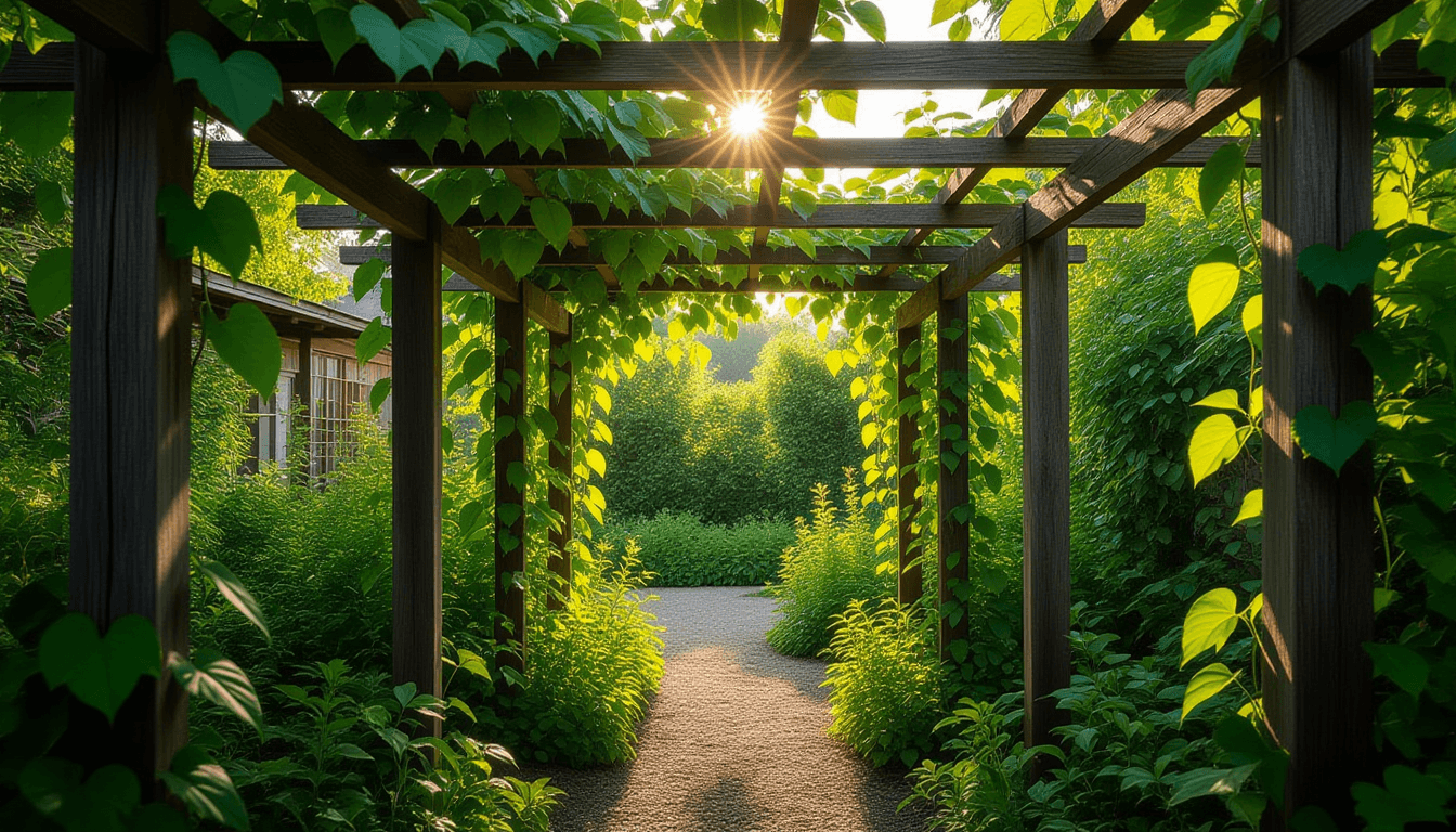 Sunlight filters through a dense canopy, illuminating vibrant green vines climbing weathered wooden