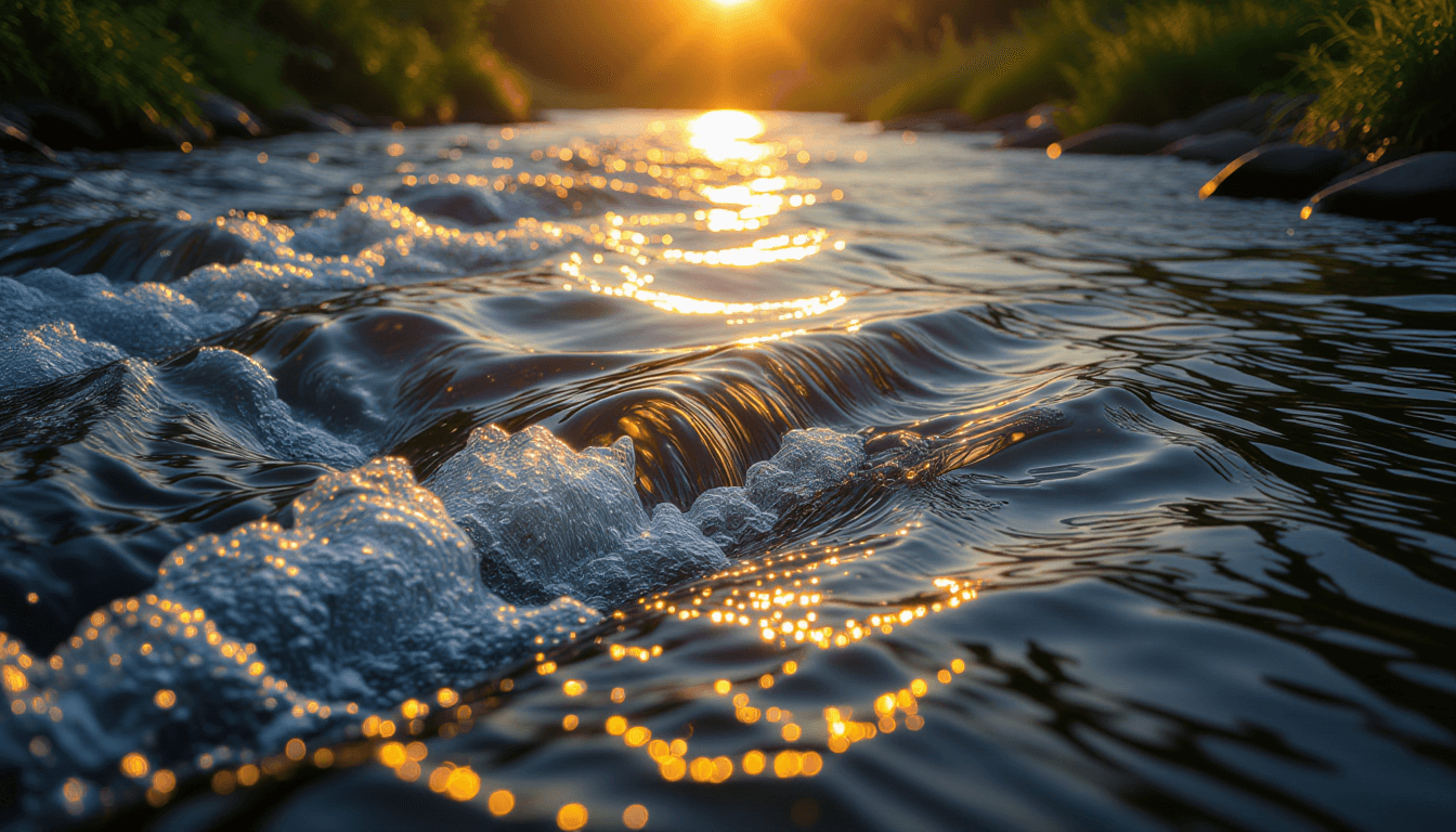 Golden hour light glints off a rushing river’s surface, where swift currents carve through still poo