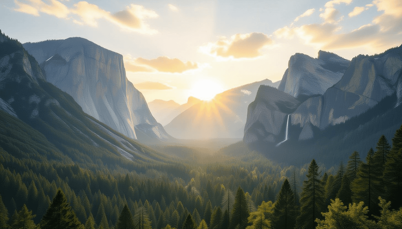 Golden hour light floods a rugged mountain valley, illuminating jagged peaks that rise with imposing
