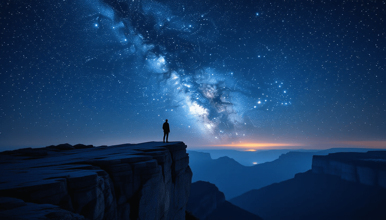 A lone figure stands on a jagged cliff edge, silhouetted against a vast, star-filled night sky where