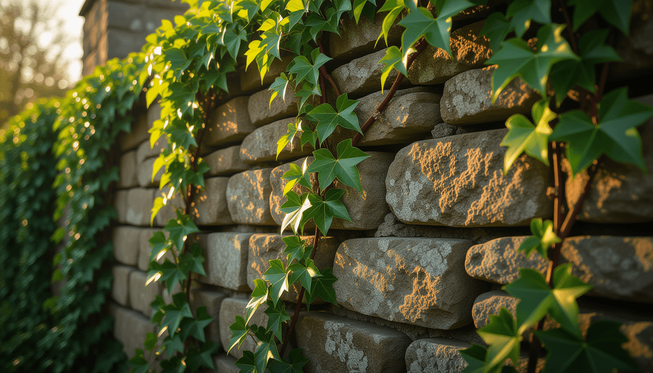 Shallow depth of field captures thick, tangled ivy vines choking a weathered stone wall, illuminated