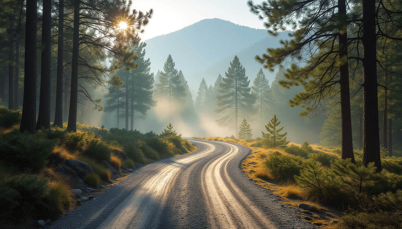 A weathered gravel path winds through a misty pine forest, illuminated by the soft, diffused light o